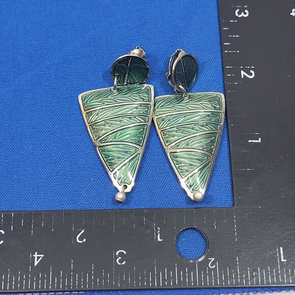 Edgar Berebi Art Deco Style Green Enamel & Silver Tone Earrings Clip-On Vtg 80's - Picture 3 of 3